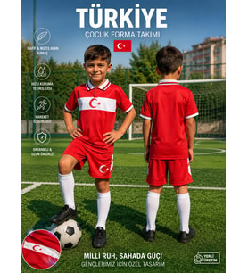 Türkiye Euro 2026 Milli Takım Polo Yaka Kırmızı-Beyaz Çocuk Futbol Forması Özel Tasarım Forma 4 Parça (Y03)
