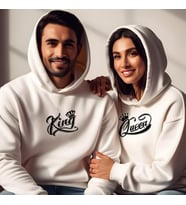 Sevgililer Günü Kombin Erkek Kadın Kral Kraliçe Görselli Kapüşonlu Hoodie Sweatshirt 7004 (Beyaz)