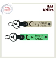 Birlikte Taşınacak Hatıra, Ay Yıldızlı Sevgiliye Özel Kişisel Anahtarlık Takımı, Sütlü Kahve-Yeşil