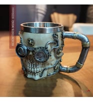 Steampunk Kafatası Kupa Metal Saplı – Eşsiz Gotik Fincan - Mükemel orijinal tasarım (Krem)
