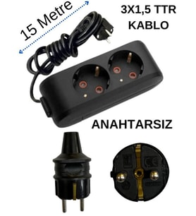 Avarson (2'Li) İkili Priz Topraklı Kablolu Siyah (3x1,5 TTR) 15 (On Beş) Metre