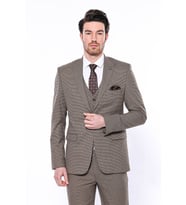 Kendinden Desenli Slim Fit Açık Kahverengi Erkek Ceket - Wessi (Krem)