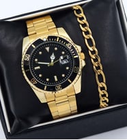Spectrum Rolex Tarzı Siyah Kadran Metal Kordon Erkek Kol Saati & Gold Renk Çelik Bileklik Hediye Seti