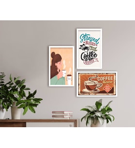 BK Home Coffee Tasarımlı Dekoratif 3’lü Ahşap Beyaz Çerçeveli Tablo-11