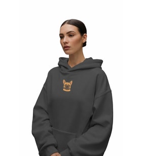 French Bulldog Baskılı Antrasit Kadın Hoodie – Oversize Kapüşonlu Sweatshirt (Siyah)