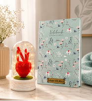 Kişiye Özel Şık Defter ve LED Işıklı Kırmızı Kalpli Fanus Hediye Seti