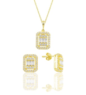 Söğütlü Silver Gümüş altın yaldızlı baget taşlı ikili set
