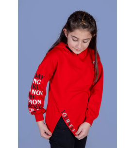 Toontoy Kız Çocuk Kapüşonlu Yırtmaç Detaylı Baskılı Sweatshirt (Kırmızı)