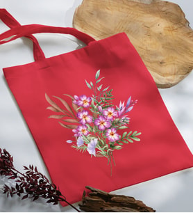 BK Gift Çiçek Tasarımlı Kırmızı Kumaş Bez Çanta, Baskılı Omuz Çantası, Alışveriş Çantası, Arkadaşa Hediye-3