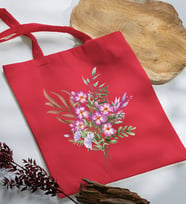 BK Gift Çiçek Tasarımlı Kırmızı Kumaş Bez Çanta, Baskılı Omuz Çantası, Alışveriş Çantası, Arkadaşa Hediye-3