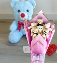 Premium 35 cm Peluş Ayı ve Lila Yumoş Peluş Ayıcık Buketi–Sevdiklerinize Özel (Açık Mavi)