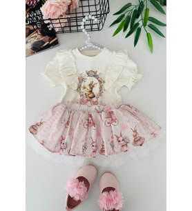 Miniğimin Cicileri Vintage Tavşan Detaylı Firfırlı Kız Bebek 2 li Takım - Ekru