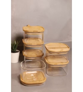 Duo 400 ml Bambu Kapaklı Kare Borosilikat Cam Kase - 6 Adet
