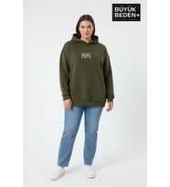 Kadın Büyük Beden California 1974 Baskılı Kapüşonlu Sweat – Rahat Kalıp Hoodie SPR26BSWK965 (Haki)