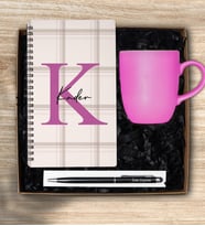 Kişiye Özel Pembe Seri &  Ahşap Defter, Tükenmez Kalem, Kupa Bardak Hediye Seti