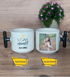 Uçak Mühendisi Kupa Bardak Fotoğraflı T Siyah Kulplu Mühendisler Günü Hediyesi