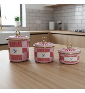 3’lü Bird Studio Pembe Renk Kuş Desenli Emaye Tezgah Üstü Kavanoz Takımı  - 950-650-400 ml.