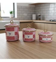 3’lü Bird Studio Pembe Renk Kuş Desenli Emaye Tezgah Üstü Kavanoz Takımı  - 950-650-400 ml.