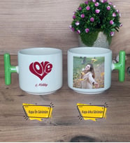Love Sevgili Kupa Bardak Fotoğraflı T Yeşil Kulplu Sevgiliye Sevgililer Günü Hediyesi