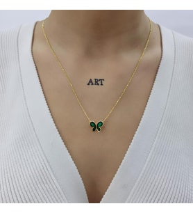 Kelebek Lazer Mine Geçişli Mineli 18K Altın Kaplama Kolye (Karışık)