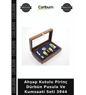 Özel Üretim Dekoratif Hediyelik Koleksiyon Ahşap Kutulu Pirinç Dürbün Pusula Ve Kumsaati Seti 3944