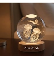 Büyük Boy Işıklı Ahşap Kaideli 3D Denizanası  Temalı Cam Küre 8cm