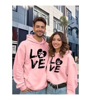 Nevermind Sevgili Çift Kombini Hoodie 2li Set –LOVE Pati Baskılı Unisex Oversize Kapüşonlu Sweatshirt, 3 İplik (Pembe)