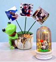 Kişiye Özel Hediye Seti 3 Fotoğraflı Kurbağa Tasarımlı Saksı ve Led Işıklı Fanus Seti (Model 4)