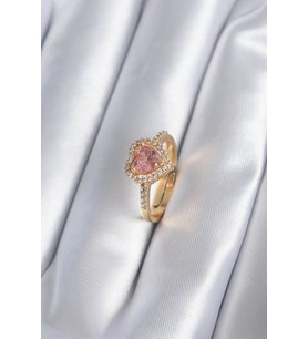 Pirinç Gold Renk Pembe Zirkon Taş Kalp Charm Model Kadın Yüzük 5886