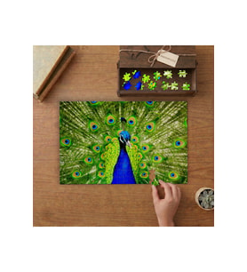 Mavi Yeşil Renkli Tavuskuşu Tasarımı 240 parça Ahşap Puzzle Ahşap Kutuda MP06159