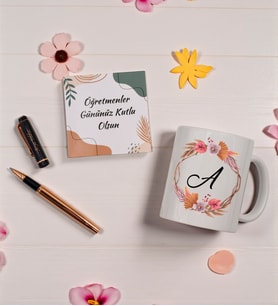 Kişiye Özel Harf Baskılı Kupa& Rose Gold/Siyah Roller Kalem Hediye Seti