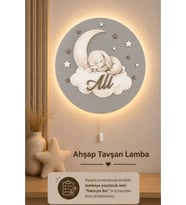Ahşap Uyuyan Tavşan Lamba İsme Özel Pilli Ledli Gece Lambası Bebek Çocuk Odası