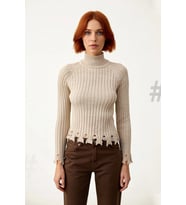 Kadınlara Özel Fitted Kesimli Crop Dik Yaka Uzun Kollu Fitilli Triko Kazak Günlük Stil İçin