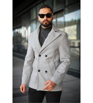 Premium Kruvaze Orta Boy Kaşe Kaban (Açık Gri)