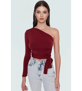 Tek Kol Uzun Kollu Crop Bluz Örme Kumaştan Kadınlar İçin Profesyonel Görünüm Rahat Kullanım (Bordo)