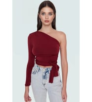 Tek Kol Uzun Kollu Crop Bluz Örme Kumaştan Kadınlar İçin Profesyonel Görünüm Rahat Kullanım (Bordo)