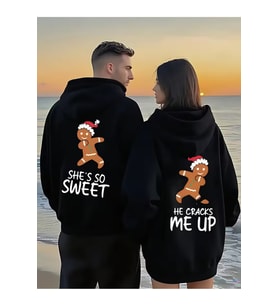 Sevgili Çift Kombin Hoodie – Gingerbread Baskılı Oversize Kapüşonlu Sweatshirt 2’li Set (Siyah)