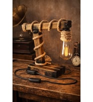 WoodyLight Rustik El Yapımı Masif Ahşap Masa Lambası - Retro Edison Tasarım Dekoratif Gece Lambası
