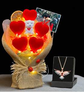 Premium Set - Kişiye Özel Fotoğraflı Led Işıklı Buket ve Renkli Zümrüdü Anka Kuşu Kolyesi (Model 3)
