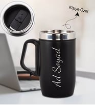 Kişiye Özel İsimli Kulplu Çelik Termos Bardak Siyah 240 ML