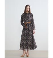 LCW Modest Siyah Dik Yaka Desenli Kemerli Şifon Elbise