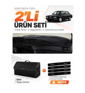 e-biz BMW E28 (1981-1988) Uyumlu Torpido Örtüsü + Deri Bagaj Çantası Seti - Siyah - BM006