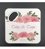 UV Baskılı Kare Açacak Magnet Bardak Altlığı Nikah Hatırası Beyaz Fon Pembe Çiçek Desenli 30 Adet
