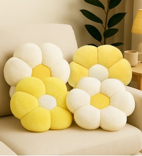 4'li Dekoratif Papatya Şeklinde Peluş Yastık 40 cm – Yumuşak ve Konforlu Tasarım (Sarı-Ekru)