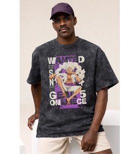 Wanted One Piece Monkey D. Luffy Gear 5 Anime Baskılı Unisex Oversize Vintage Yıkamalı Tişört