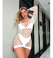 Secret Love Orta File Detaylı Mini Esnek Uzun Kol Degaje Yaka Vücut Çorabı/Babydoll (Beyaz)