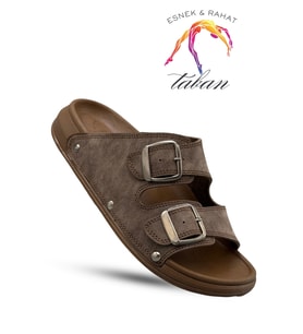 Sermoda Erkek Terlik - Çift Toka Ayarlanabilir Esnek Taban Deri Erkek Terlik T Kahve