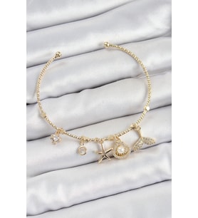 Pirinç Zirkon Taşlı İstiridye Ve Deniz Yıldızı Model Gold Renk Charm Bileklik