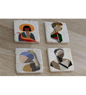 Renkli Vektör İnci Küpeli Kız ve Portreler Doğal Taş Bardak Altlığı 4'lü set - Natural Stone Coasters