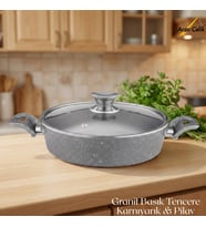 ARZU ÇELİK 28 Cm Granit Karnıyarık & Pilav Tenceresi Cam Kapak - Gri